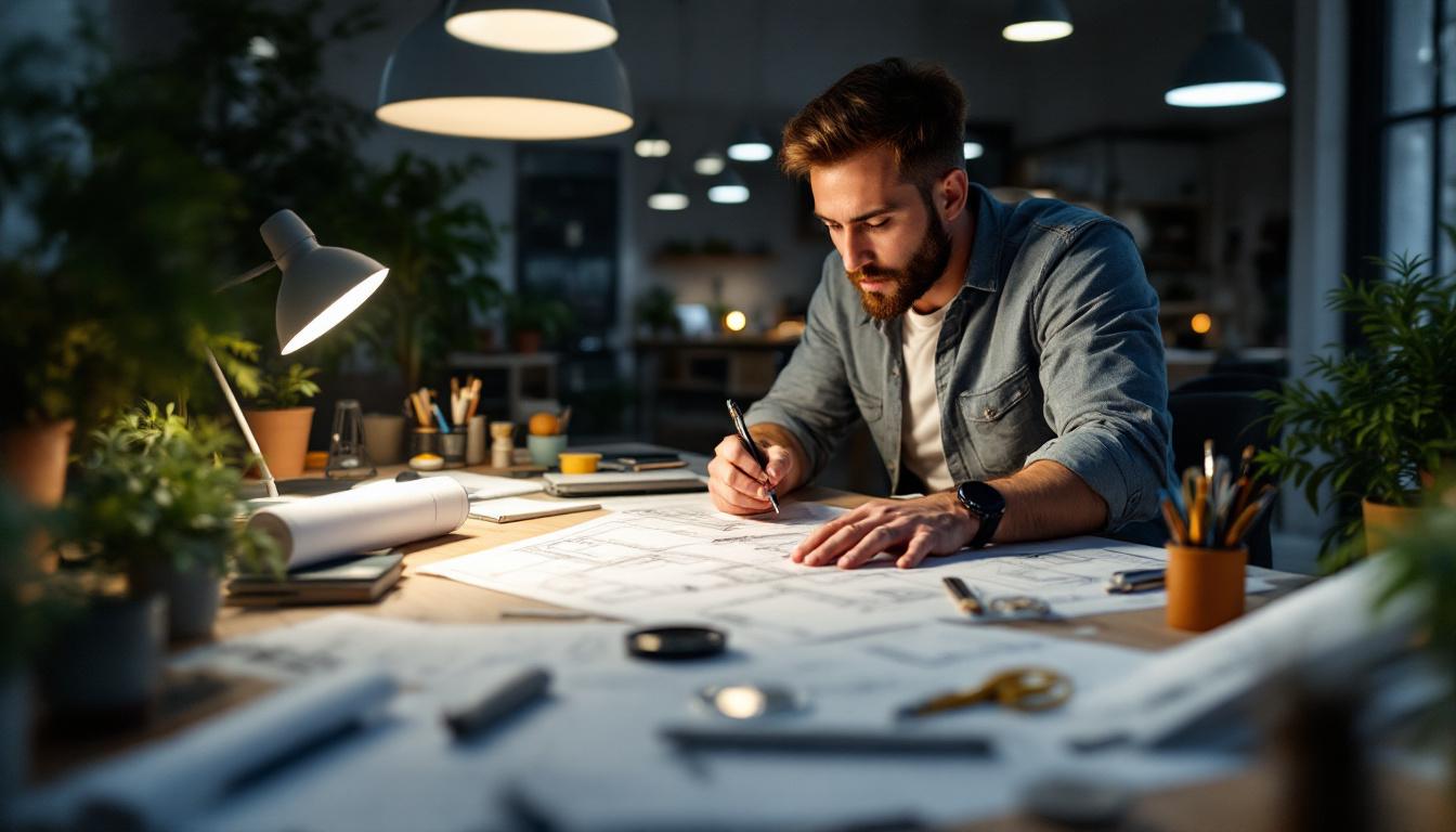 A photograph of a modern workspace where an electrical engineer is actively designing lighting plans