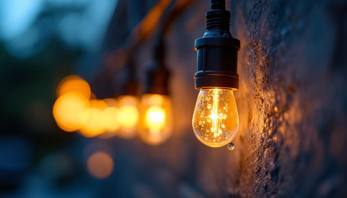 A photograph of a close-up of waterproof wiring connectors in a well-lit outdoor lighting installation