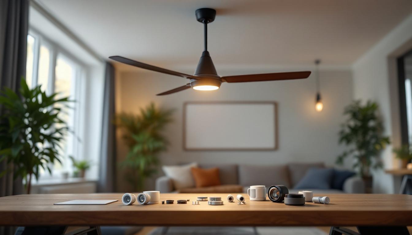 A photograph of a well-lit ceiling fan in a modern living space