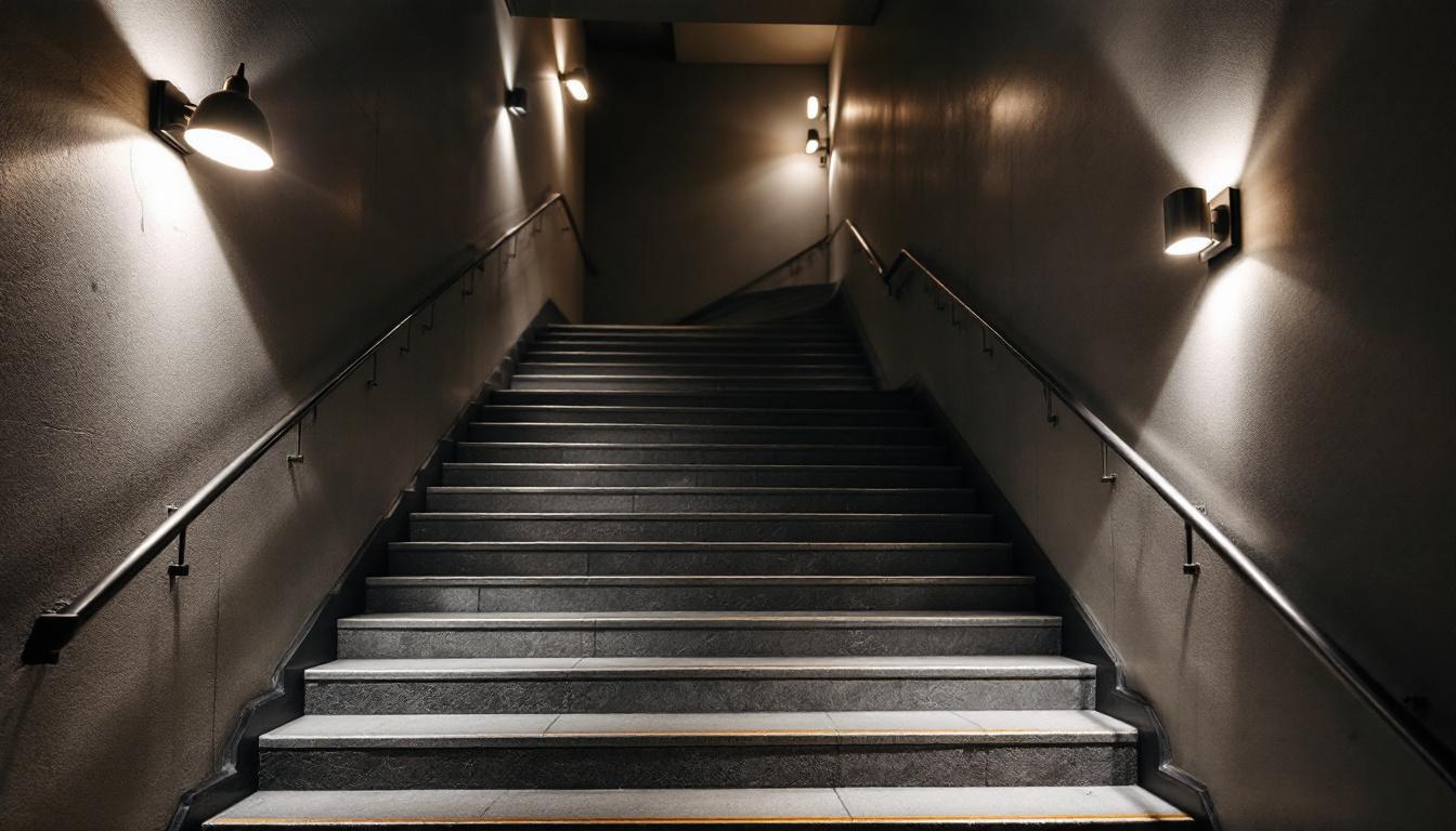 A photograph of a well-lit stairwell showcasing various lighting fixtures and their effects on the space