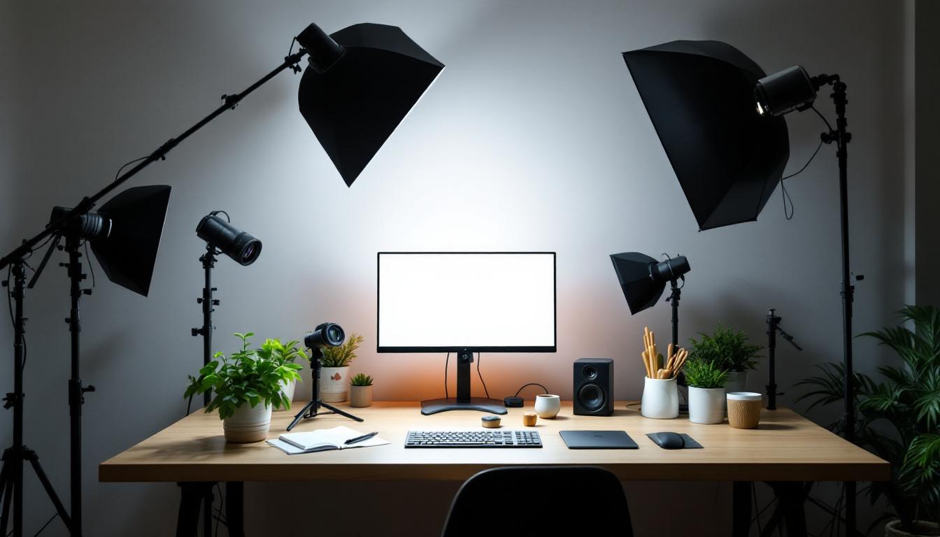 A photograph of a well-lit workspace showcasing various lighting equipment and setups