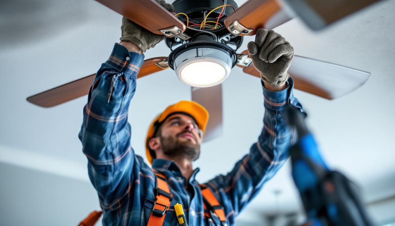 A photograph of a skilled electrician or diy enthusiast installing a ceiling fan light kit
