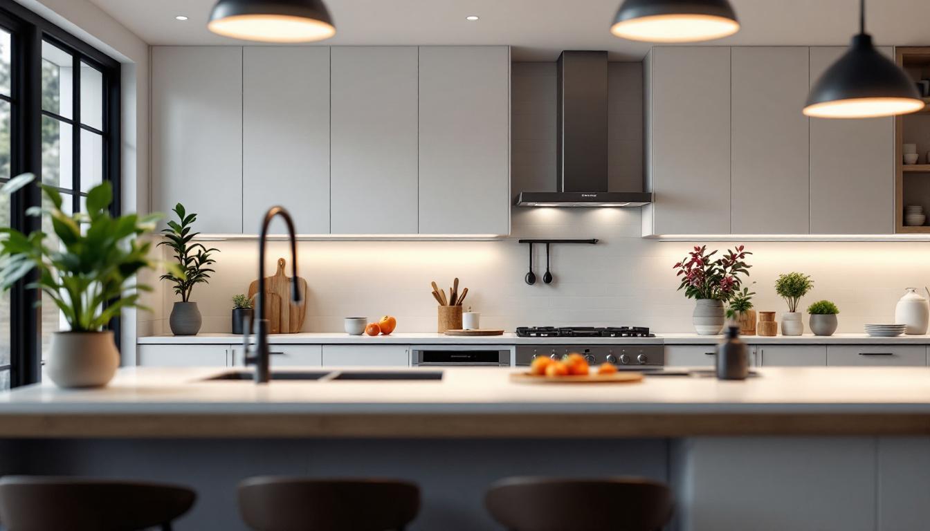 A photograph of a beautifully designed kitchen featuring modern pot lights that highlight the space's efficiency and ambiance