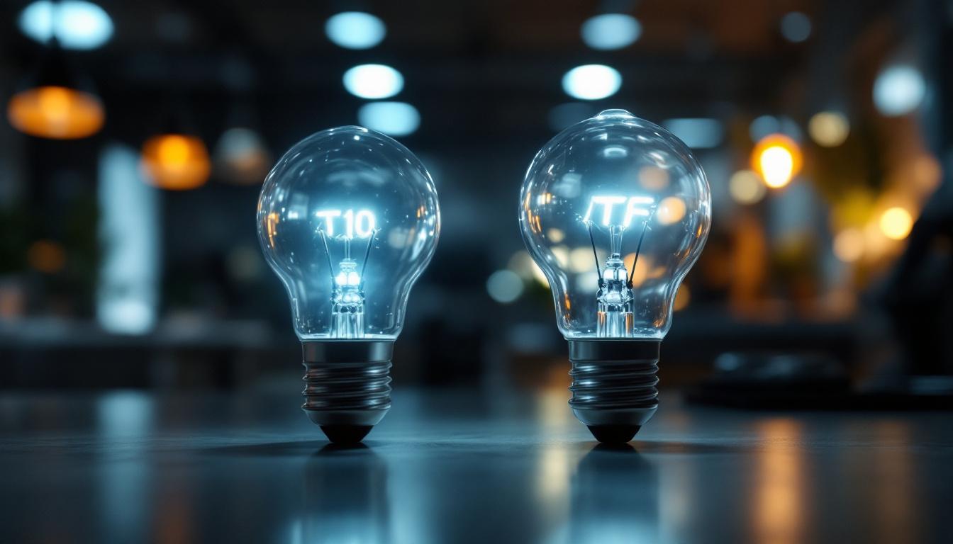 A photograph of a side-by-side comparison of t10 and t5 bulbs illuminated in a well-lit setting