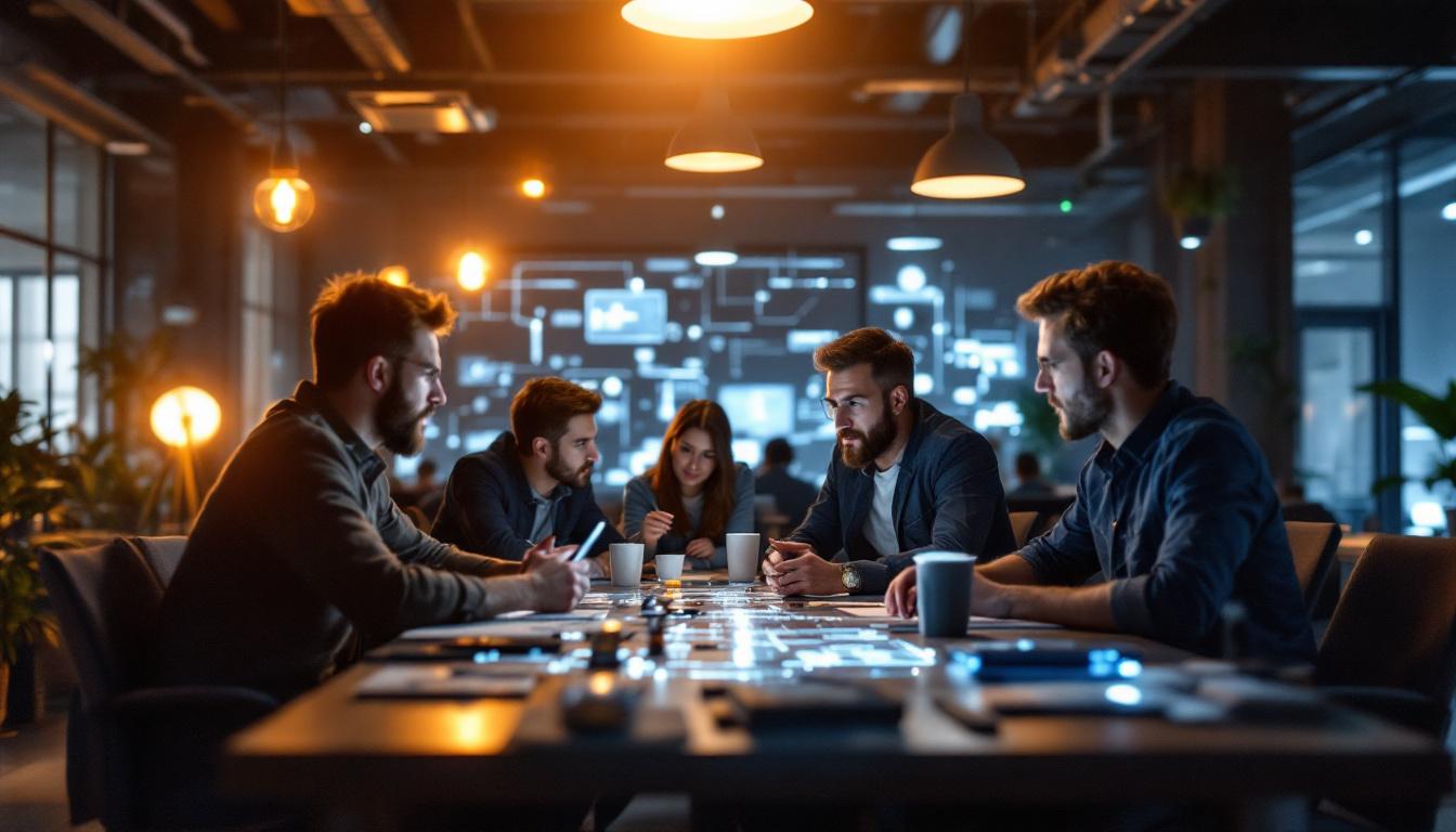 A photograph of a group of electrical engineers engaged in a collaborative discussion with lighting experts