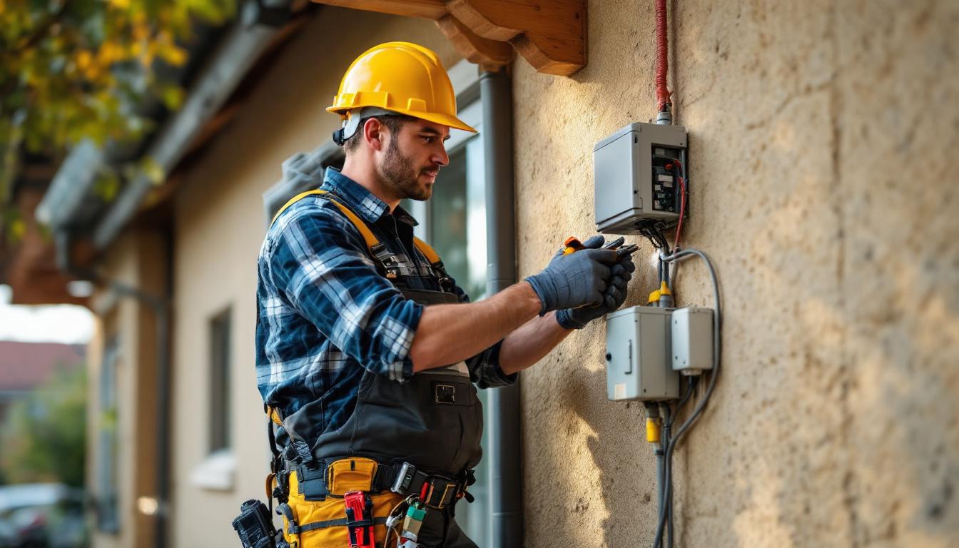 A photograph of a skilled electrical engineer installing an outdoor box extender in a well-lit