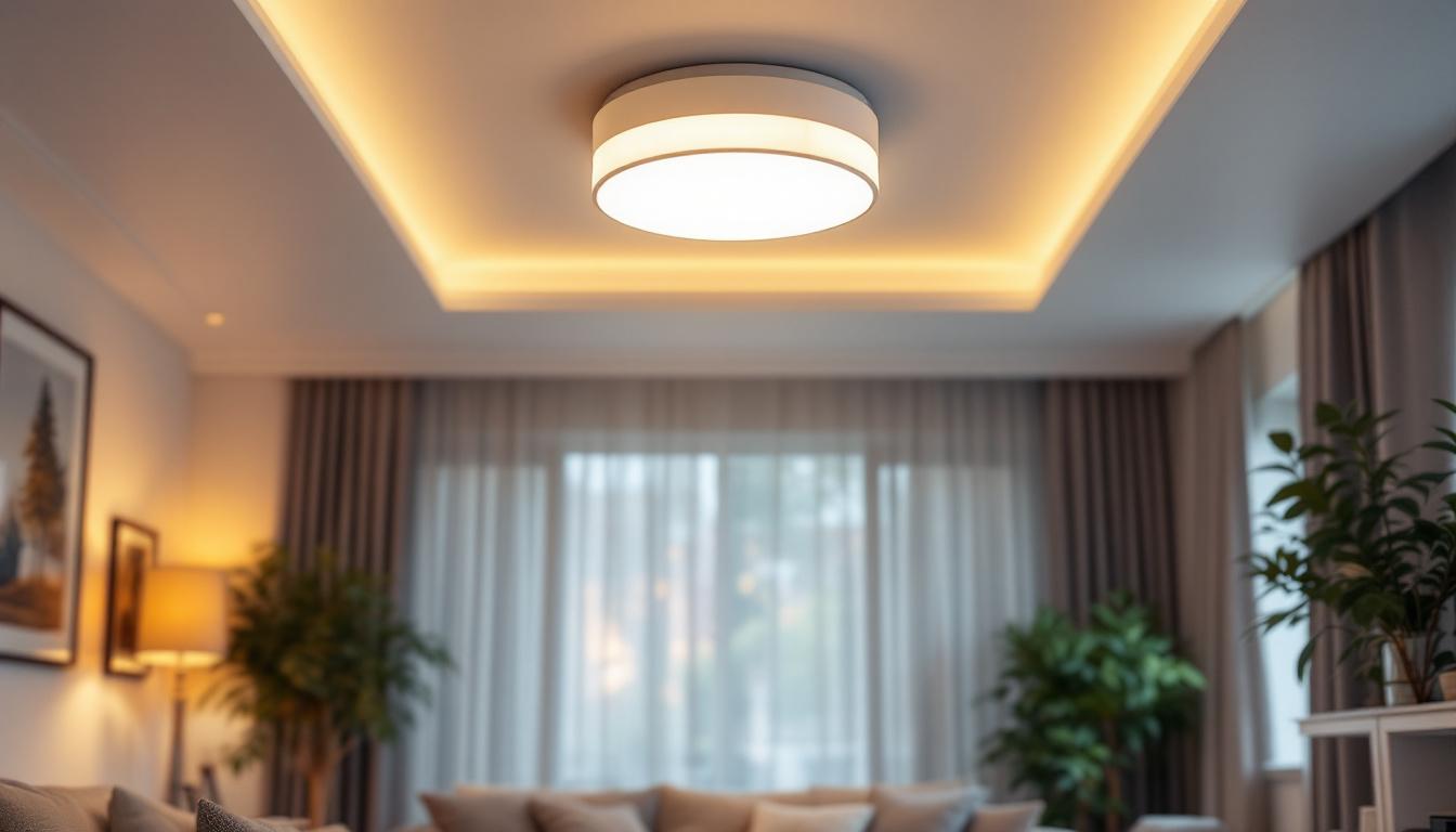 A photograph of a stylish semi-flush ceiling light illuminating a modern living space