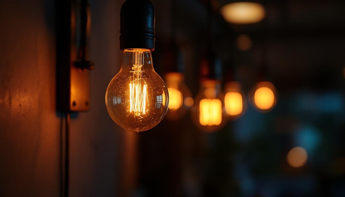 A photograph of a close-up shot of a blinking light bulb in a dimly lit environment