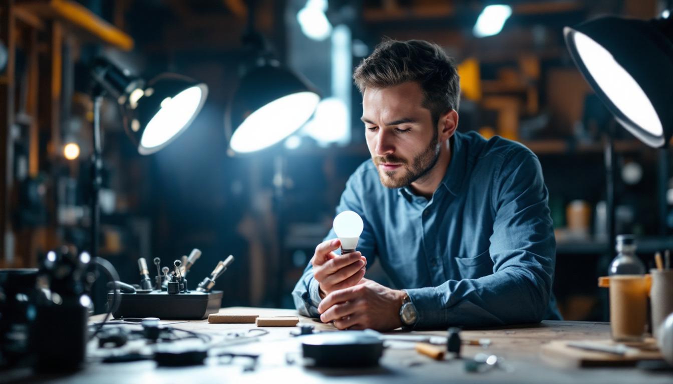 A photograph of a lighting engineer examining the b-c32 bulb in a well-lit workshop