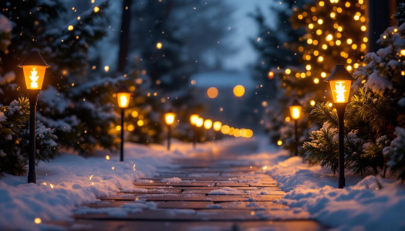 A photograph of a beautifully illuminated pathway lined with solar christmas path lights