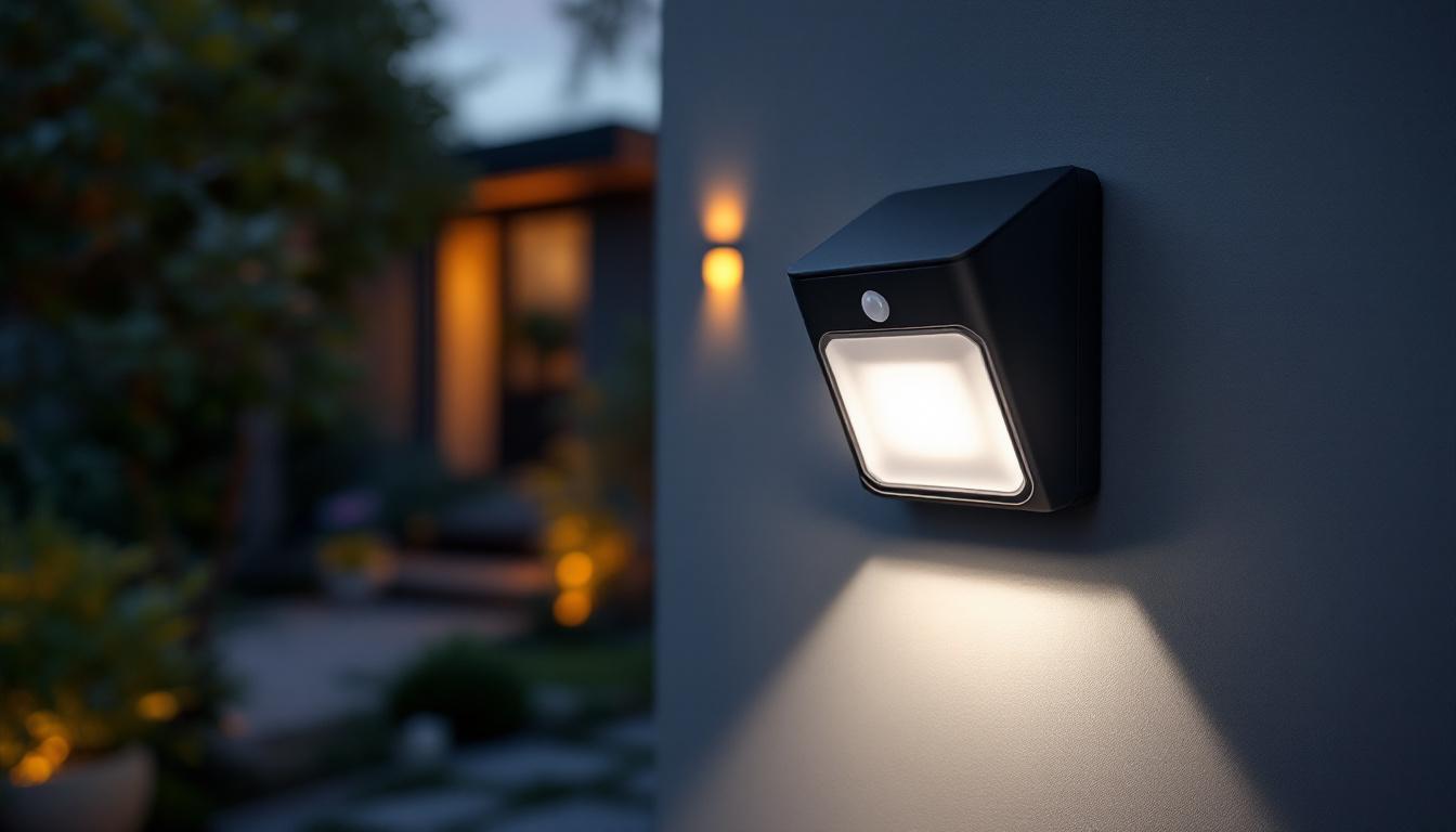A photograph of a sleek black outdoor motion sensor light installed in a modern garden setting at dusk