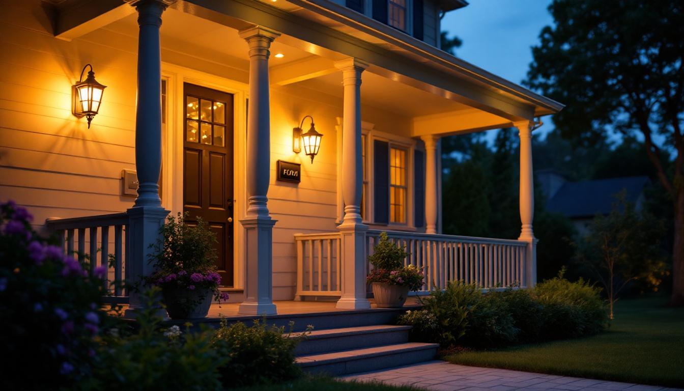 A photograph of a beautifully lit porch at dusk