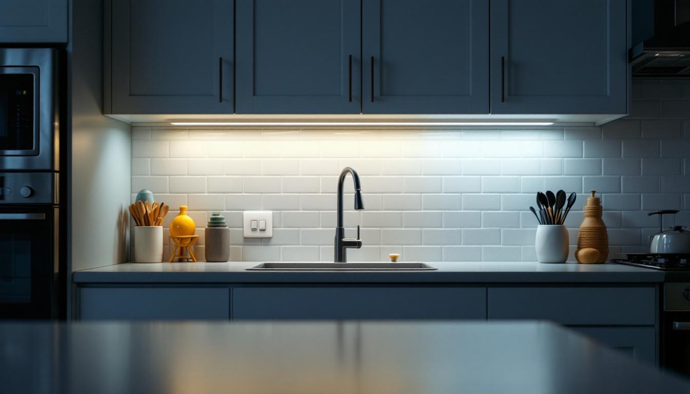 A photograph of a well-lit kitchen featuring electric under cabinet lighting