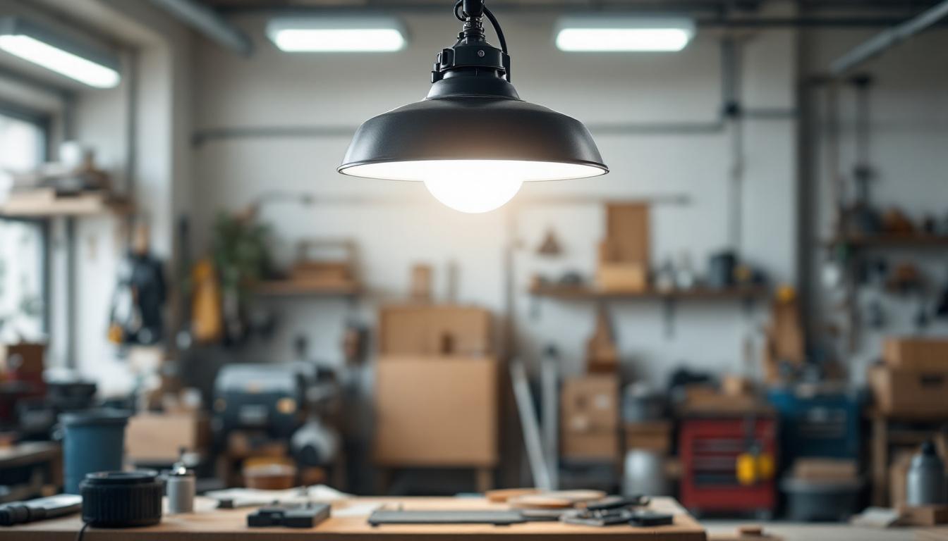 A photograph of an overhead shop light in a well-lit workshop setting
