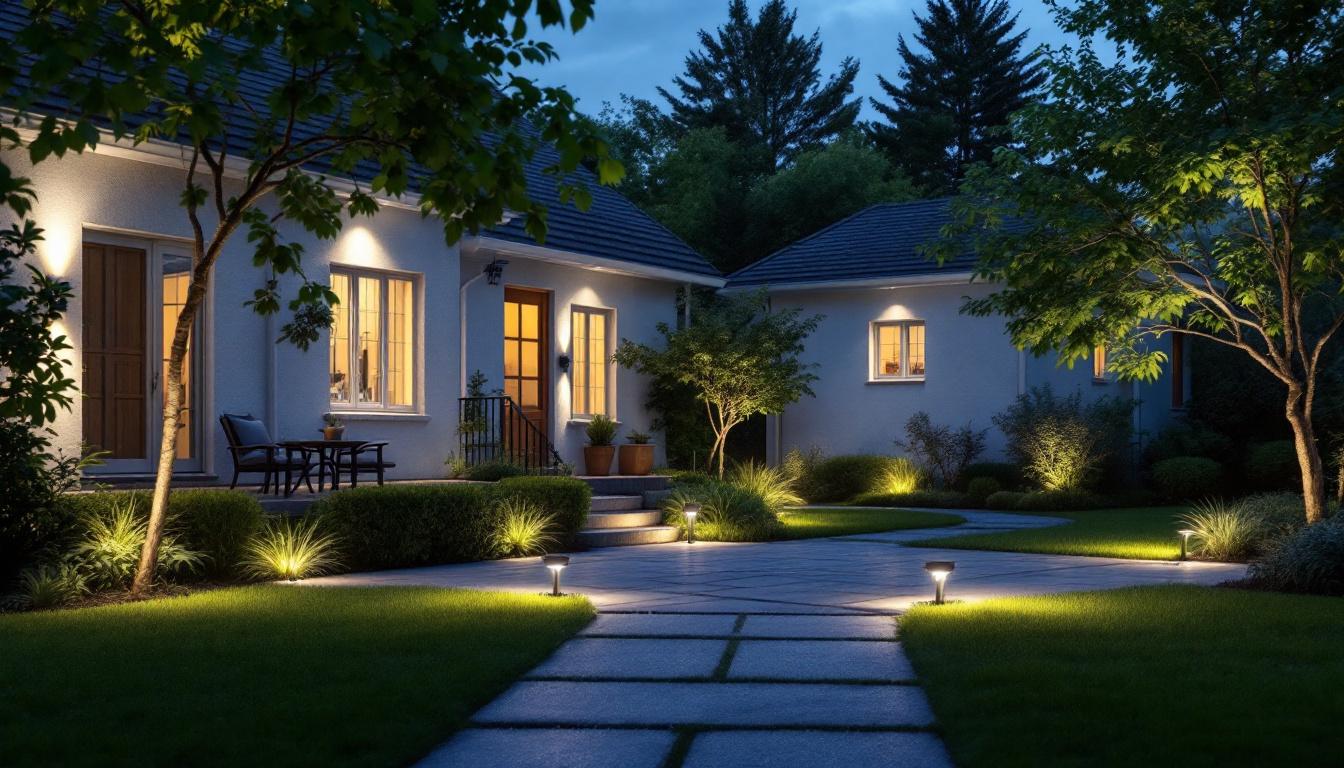 A photograph of a well-lit outdoor space showcasing various flood lights in use
