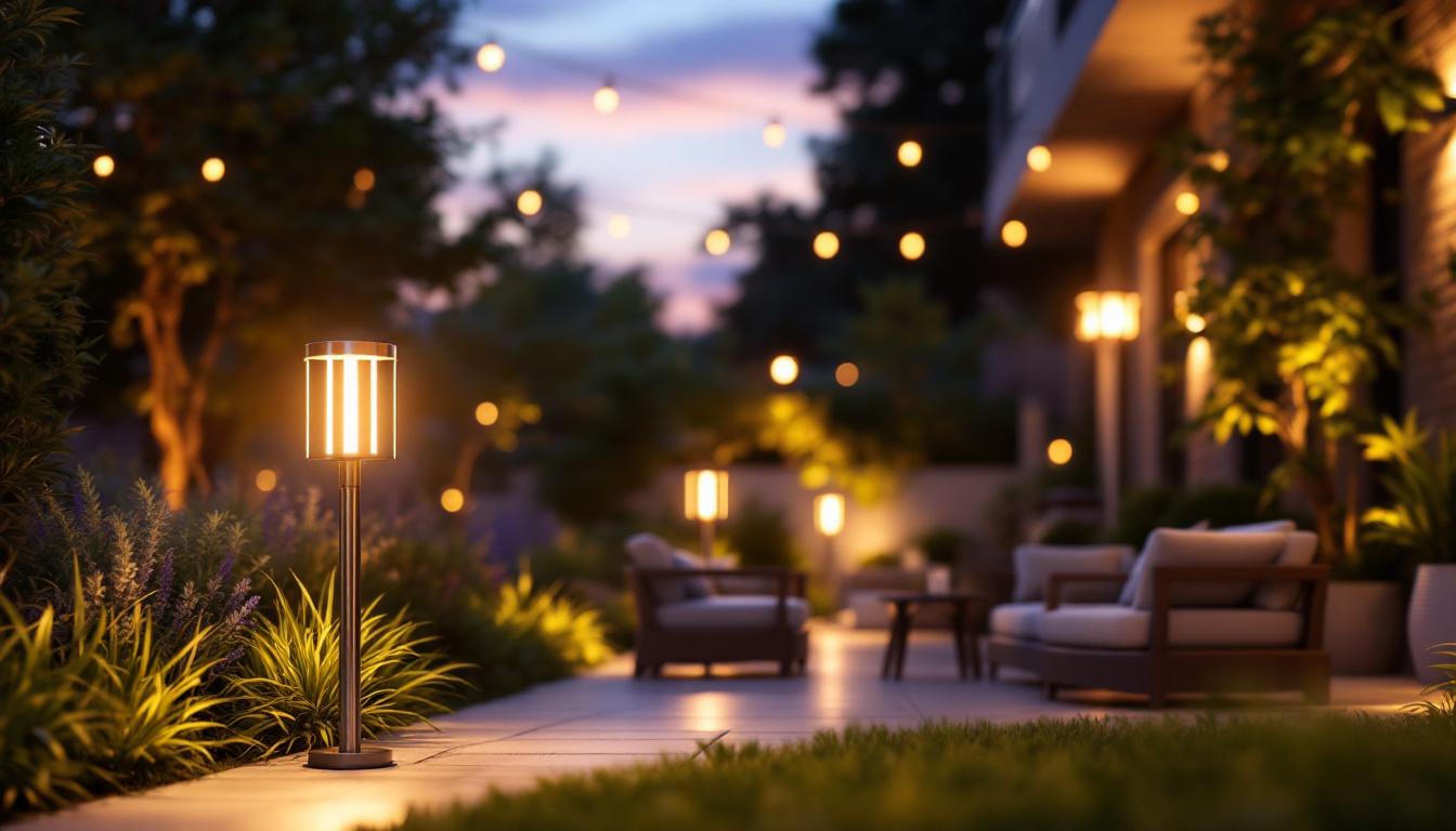 A photograph of a beautifully illuminated outdoor patio featuring stylish post lights
