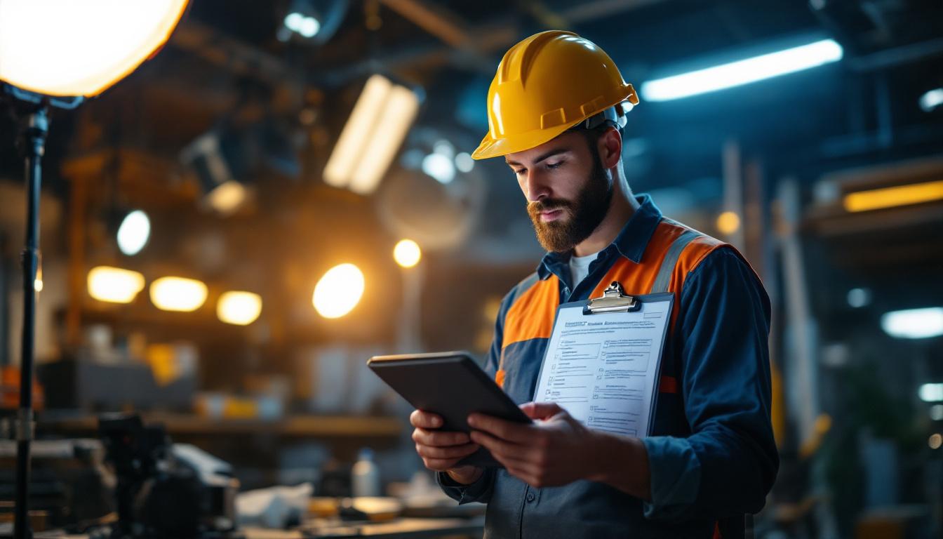 A photograph of a lighting engineer meticulously reviewing a detailed checklist while inspecting a well-lit workspace