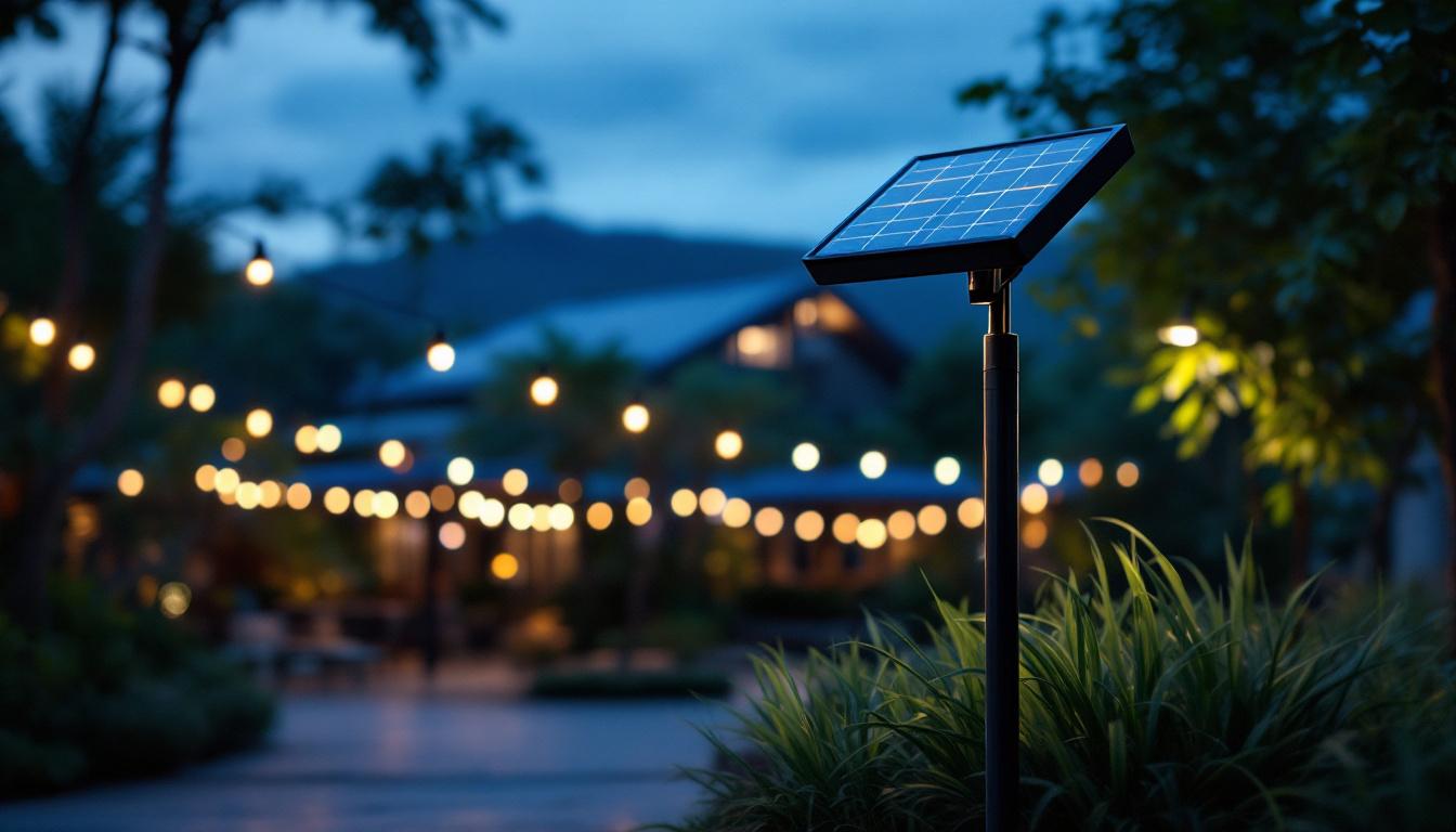 A photograph of a solar-powered black light illuminating a vibrant outdoor space at dusk