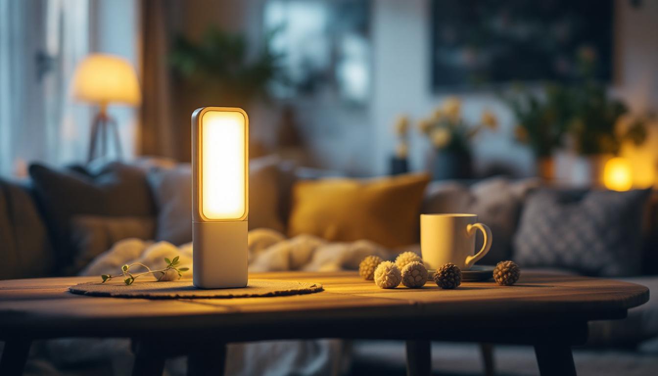 A photograph of a well-lit living room featuring an emergency light prominently displayed
