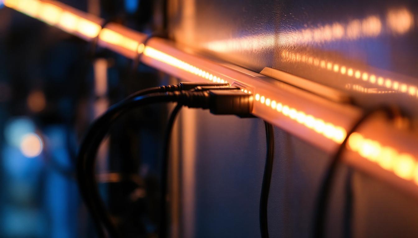 A photograph of a close-up shot of vibrant hardwired led light strips installed in a modern interior setting