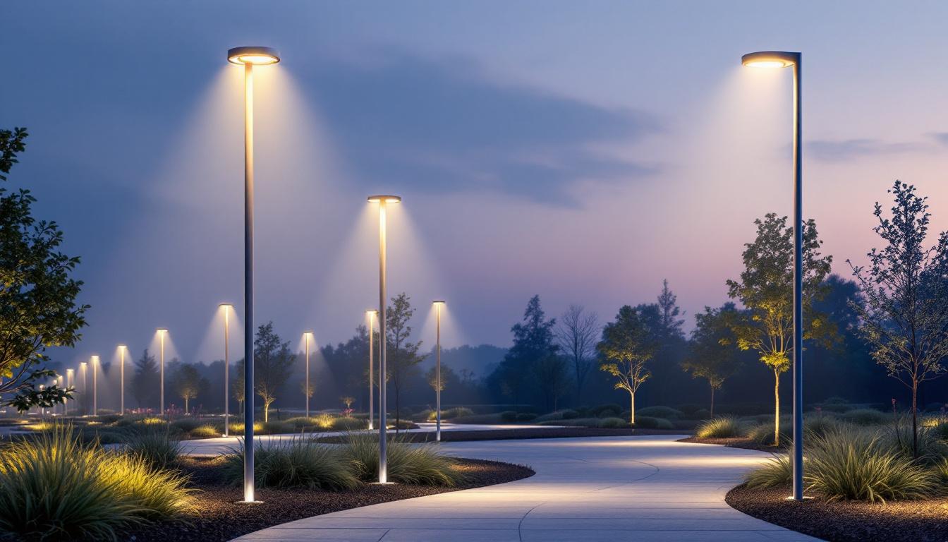 A photograph of a well-designed outdoor lighting installation featuring illuminated posts in a landscaped environment