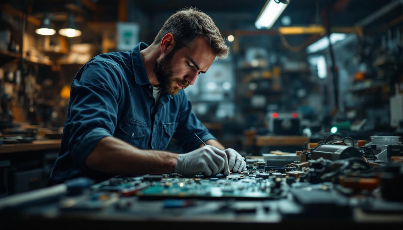 A photograph of a focused electrical engineer working on a complex circuit board in a dimly lit workshop