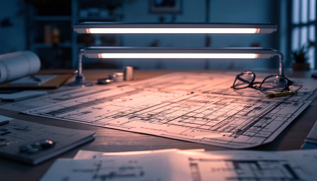 A photograph of a well-lit engineering workspace featuring an 8-foot t12 led light fixture illuminating a detailed blueprint or technical drawing