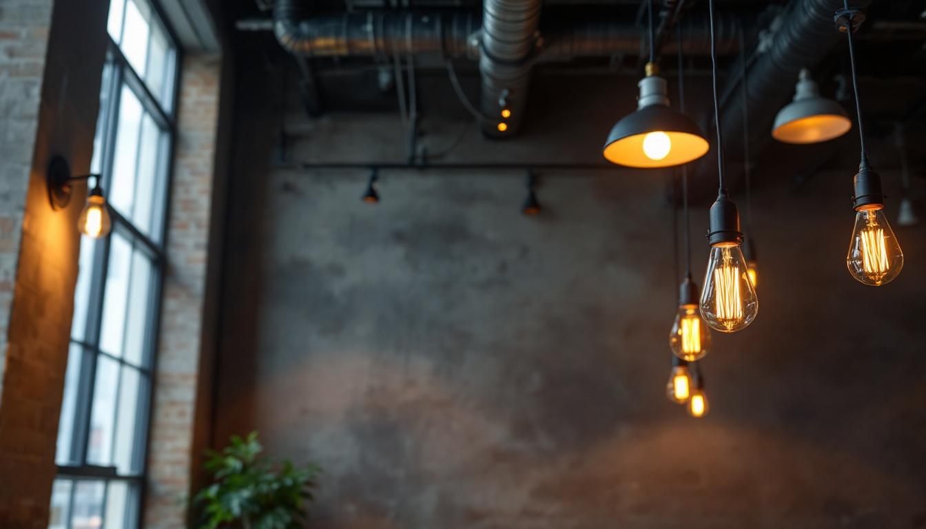 A photograph of a stylishly designed room with tall ceilings featuring a blend of industrial and commercial lighting fixtures