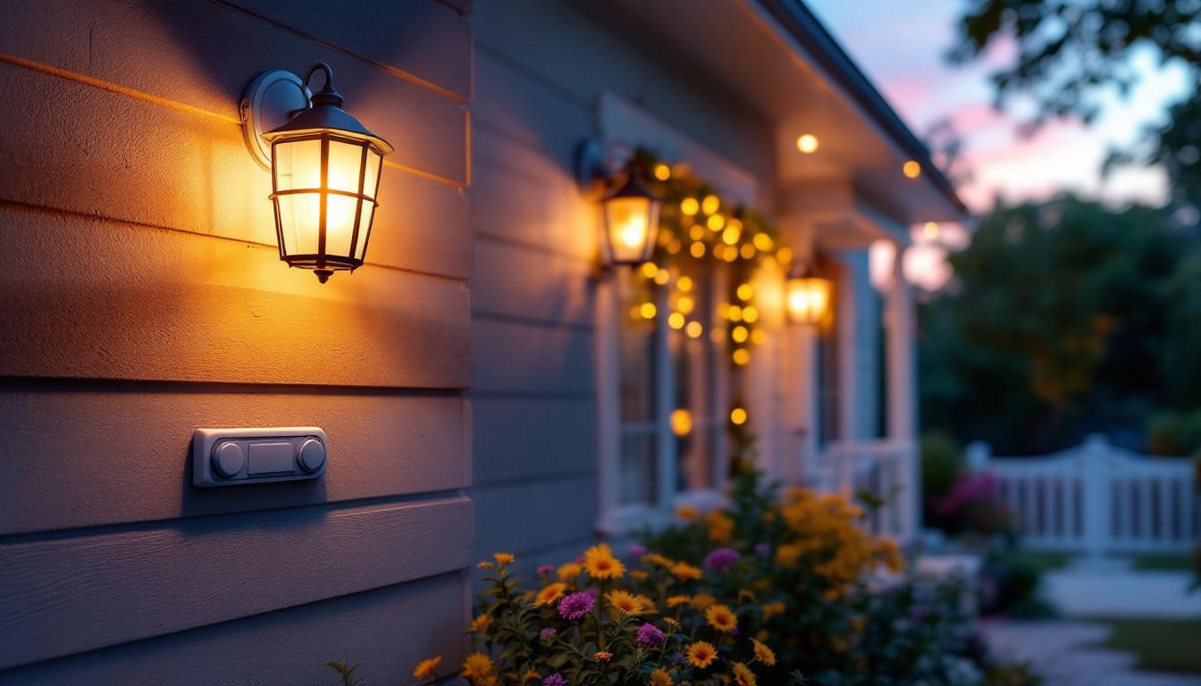 A photograph of a cozy front porch at dusk