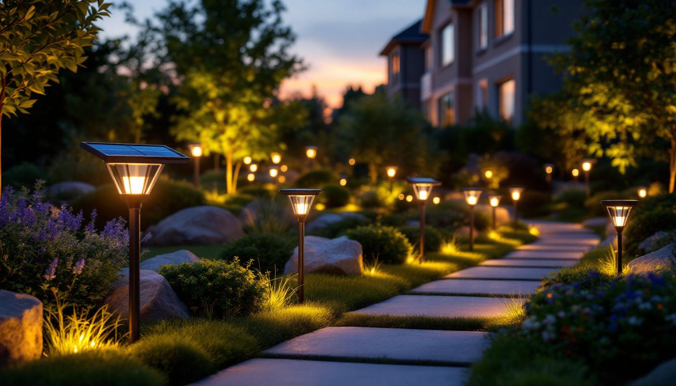 A photograph of a beautifully landscaped outdoor space illuminated by various styles of solar lights at dusk