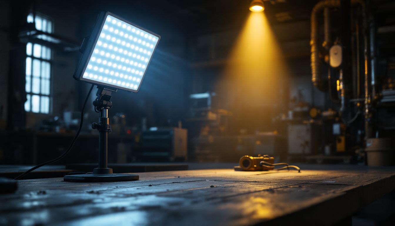 A photograph of a well-lit industrial workspace featuring a 5000 lumen led light in action