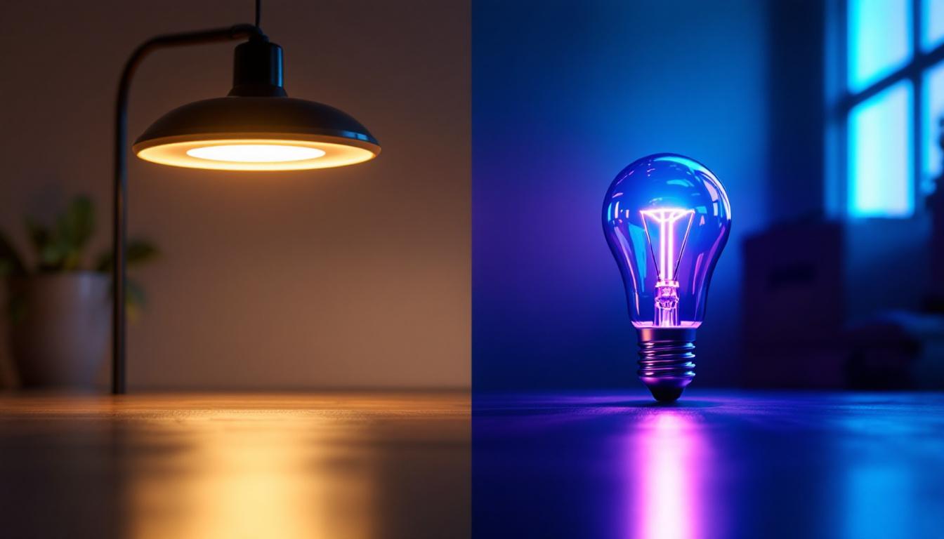A photograph of a side-by-side comparison of a sleek led fixture and a standard led bulb in a well-lit environment