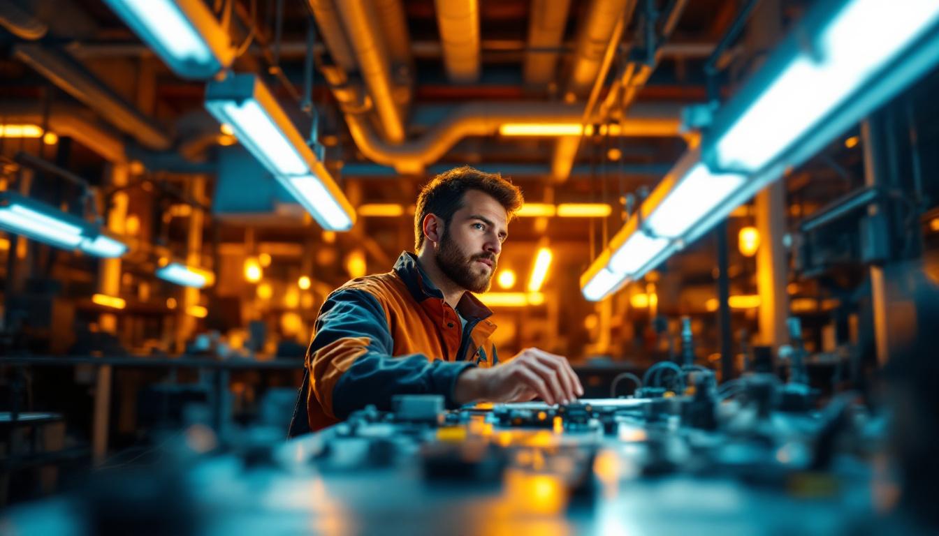 A photograph of a well-lit workspace featuring an electrical engineer examining fluorescent light fixtures