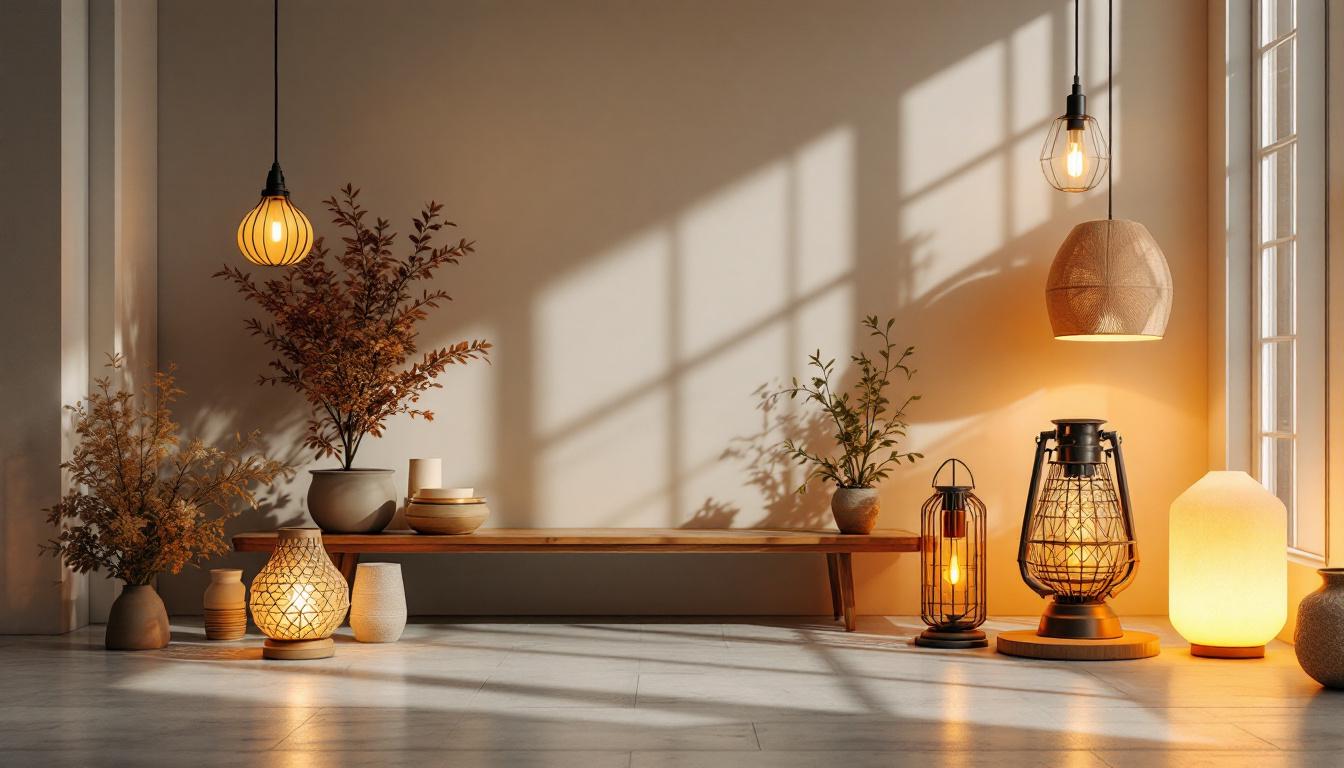A photograph of a well-lit room showcasing various lamps and lanterns