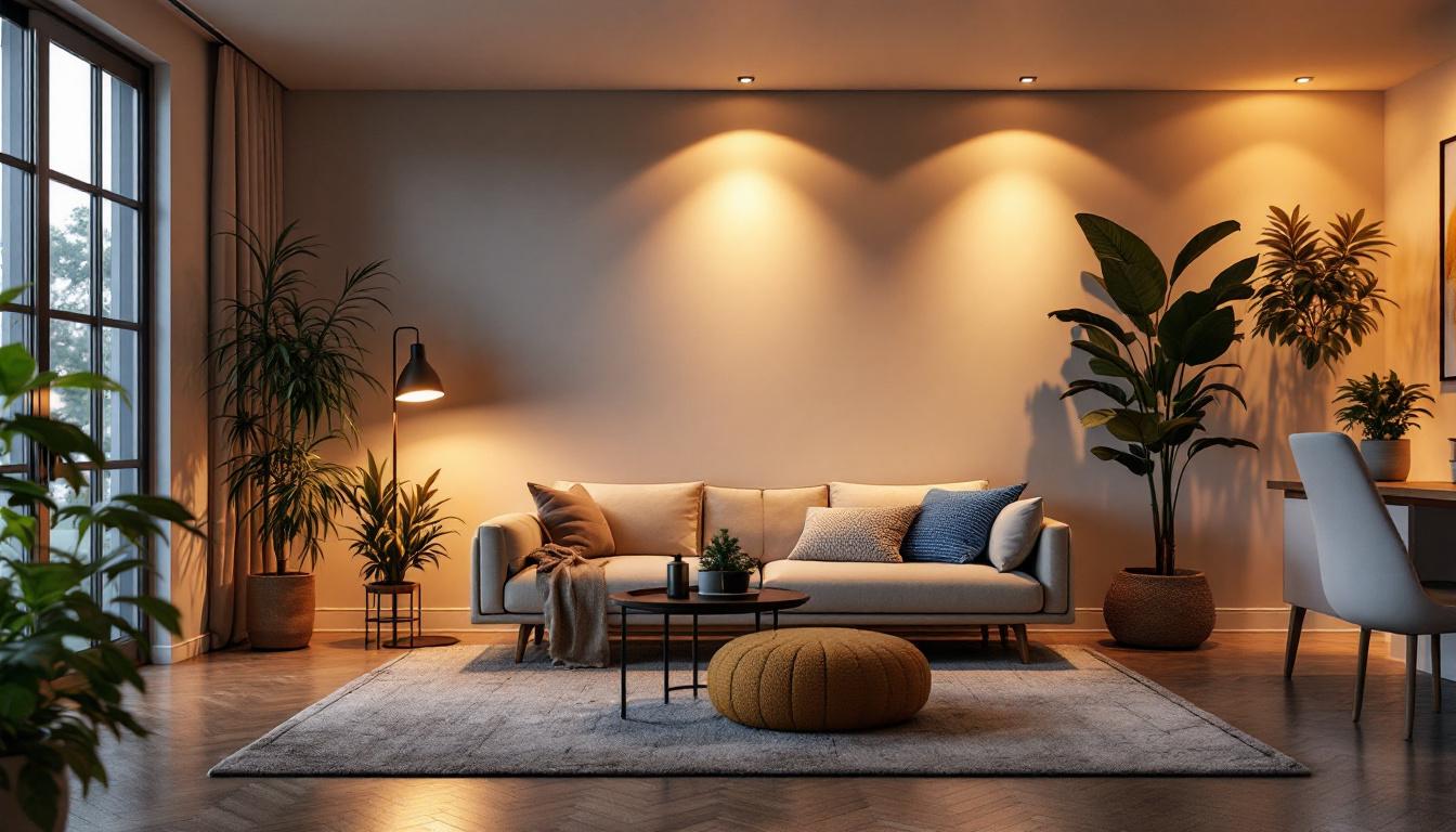 A photograph of a well-lit interior space showcasing house can lights in action