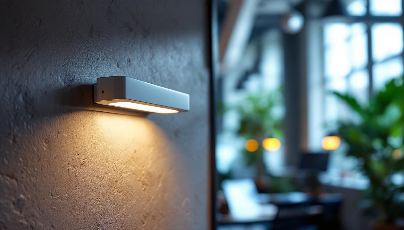 A photograph of a modern led t8 light fixture installed in a well-lit workspace