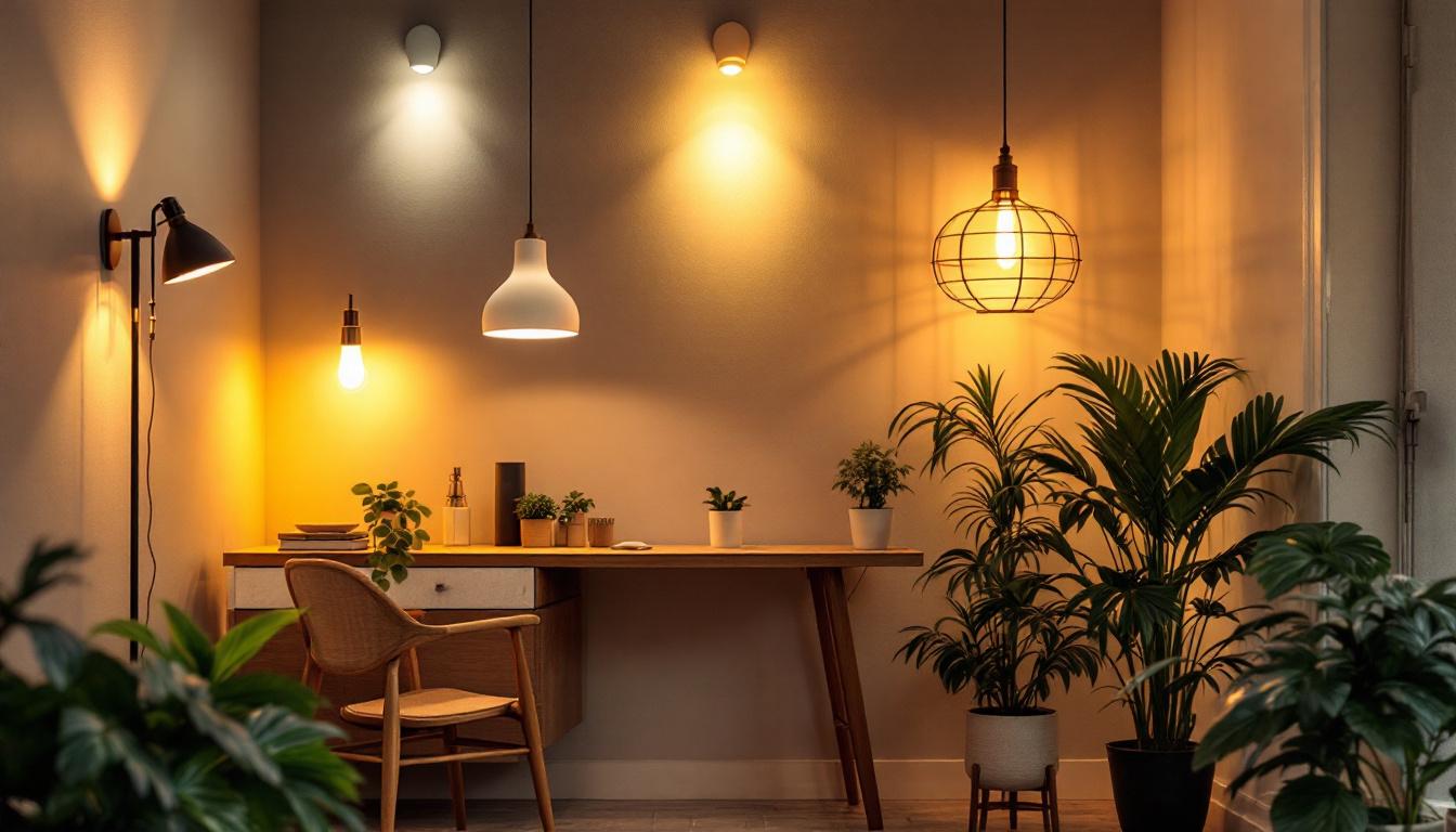 A photograph of a well-lit interior space showcasing various lighting fixtures in different placements