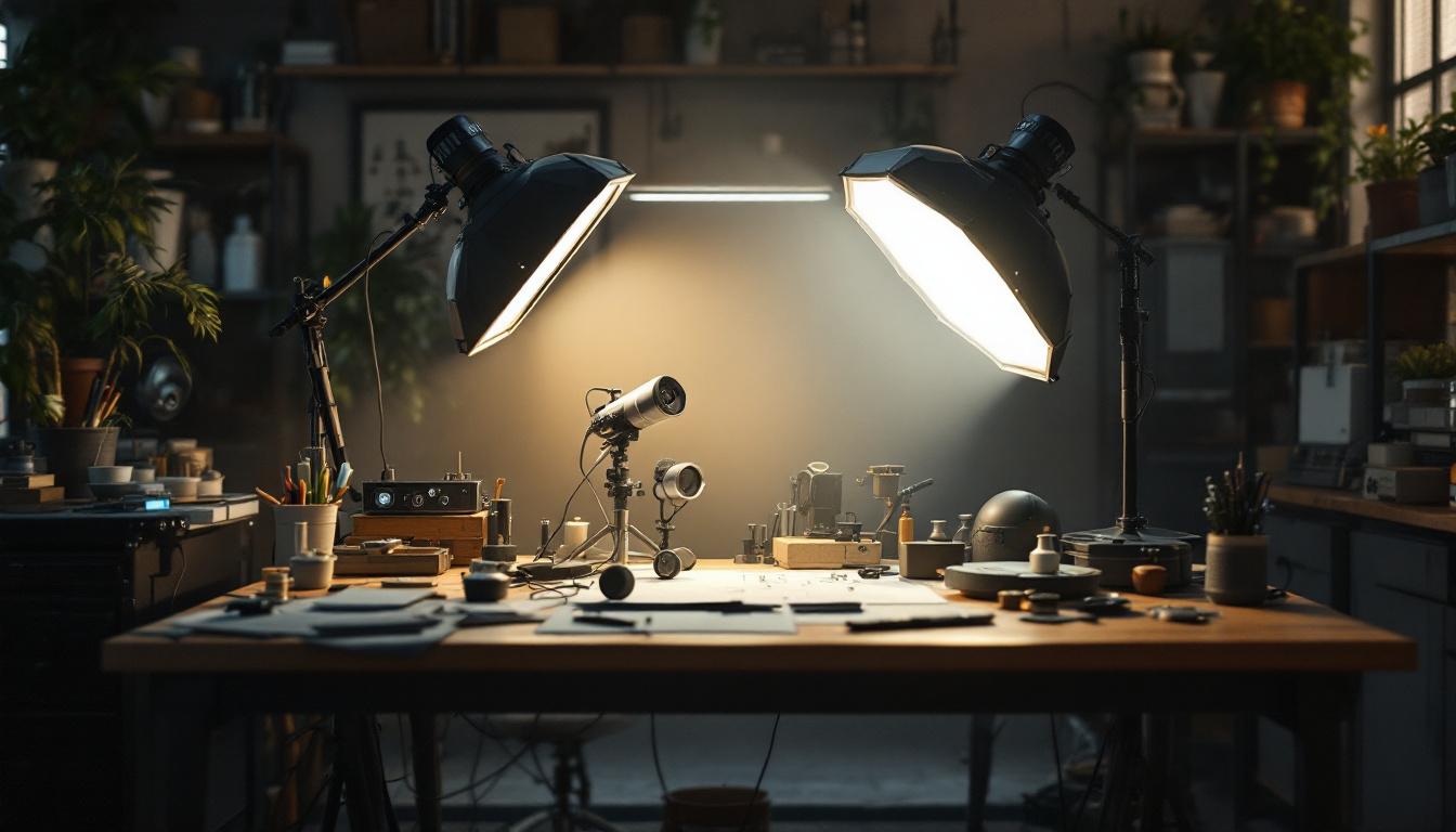 A photograph of a well-lit engineering workspace featuring advanced lighting equipment and tools