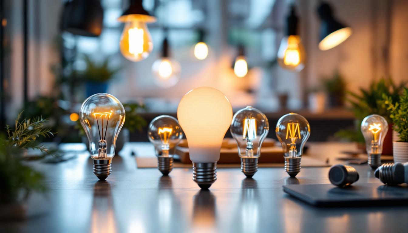 A photograph of a well-lit workspace featuring a variety of 15w 120v light bulbs in different styles and applications