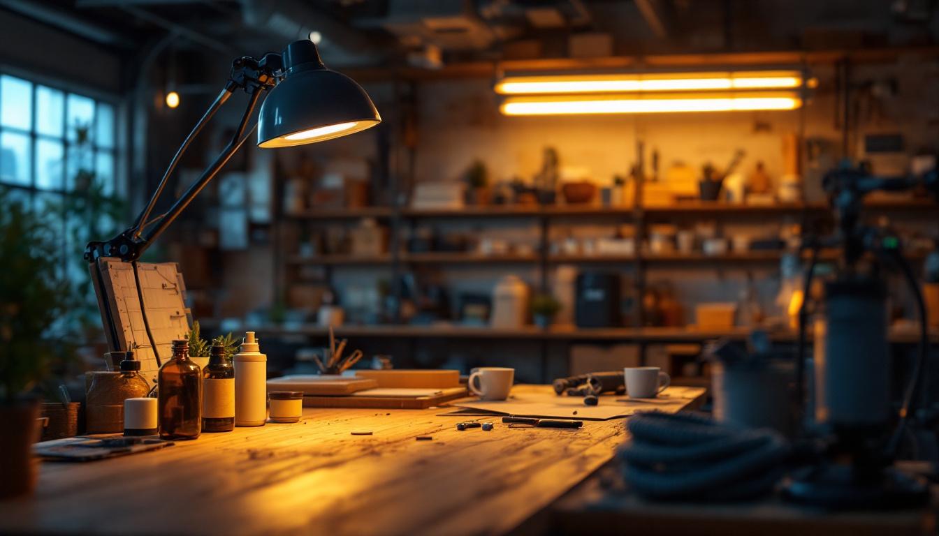 A photograph of a well-lit workspace or shop environment showcasing led t5 shop lights in action