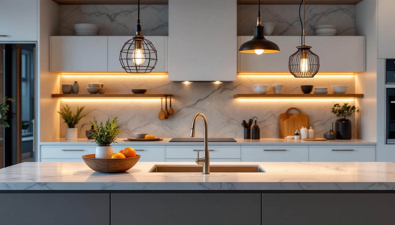 A photograph of a beautifully designed kitchen island featuring a variety of lighting fixtures