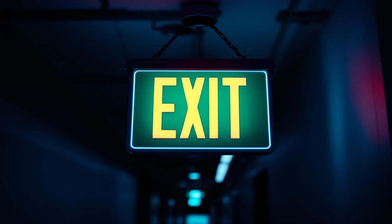 A photograph of a well-lit exit sign hanging in a dimly lit corridor