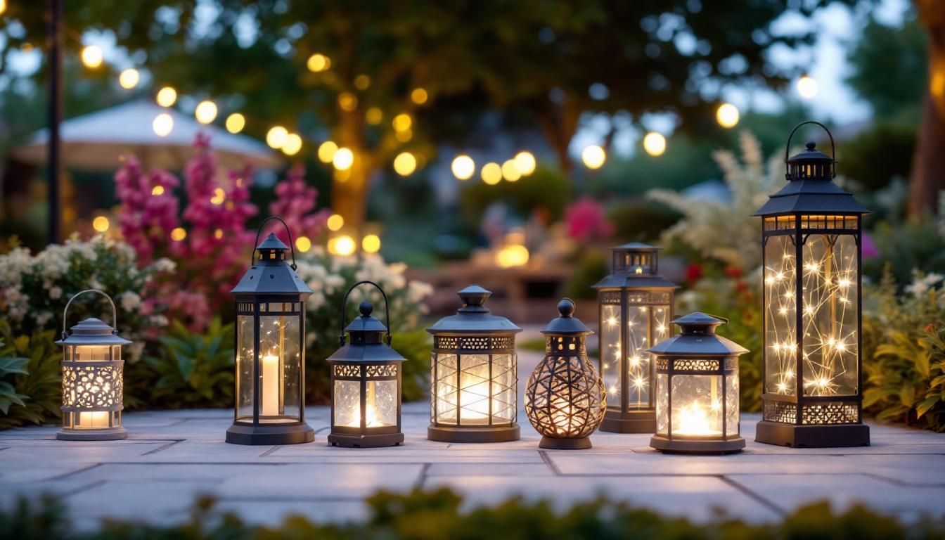 A photograph of a beautifully arranged display of various outdoor lanterns in a serene garden setting at dusk