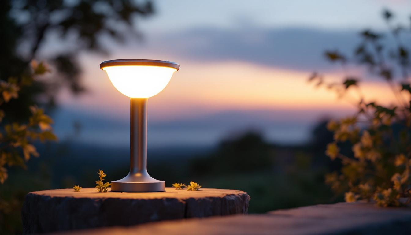 A photograph of a sleek solar charge lamp illuminated in a serene outdoor setting at dusk