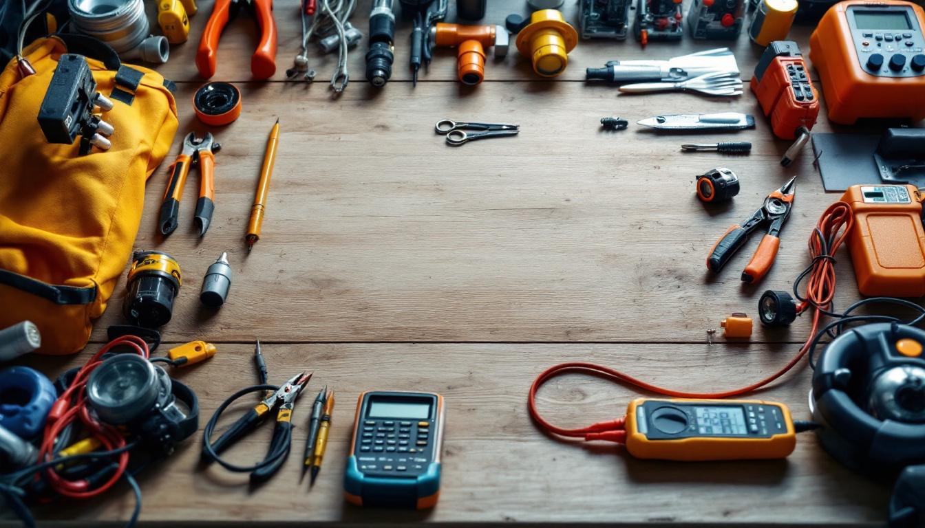 A photograph of a well-organized electrician's workspace featuring essential tools and equipment