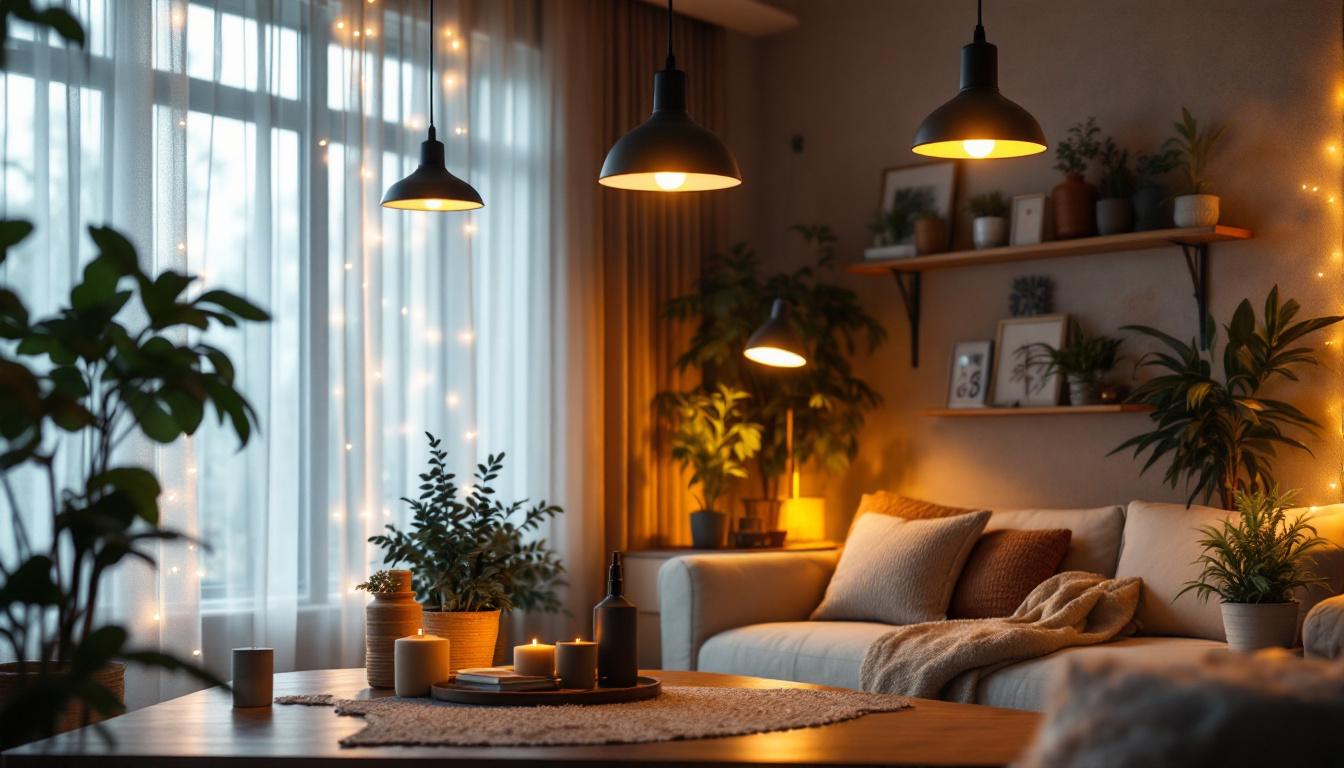 A photograph of a beautifully lit indoor space showcasing various home led lighting fixtures in use