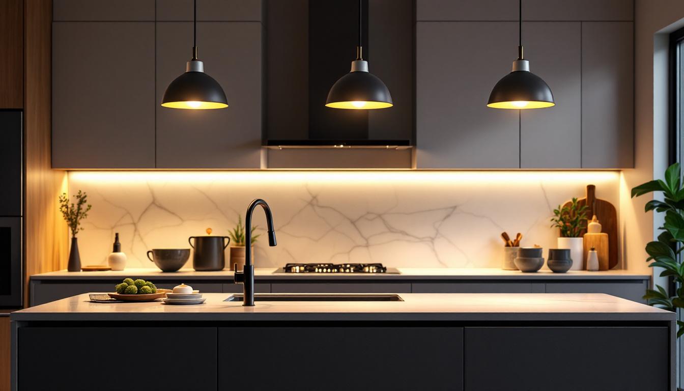 A photograph of a beautifully designed kitchen island illuminated by stylish pendant lights