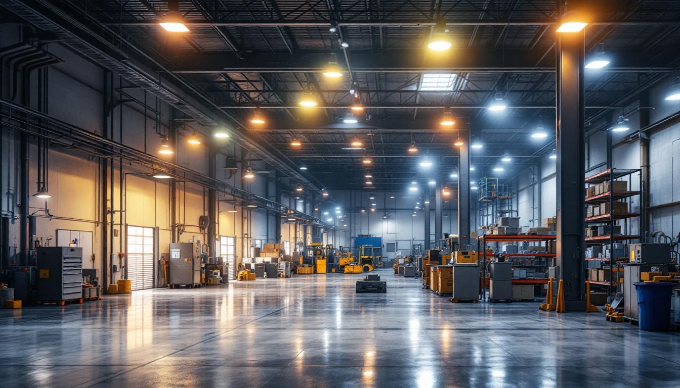 A photograph of a well-lit industrial or commercial space showcasing the effectiveness of 175w metal halide lighting