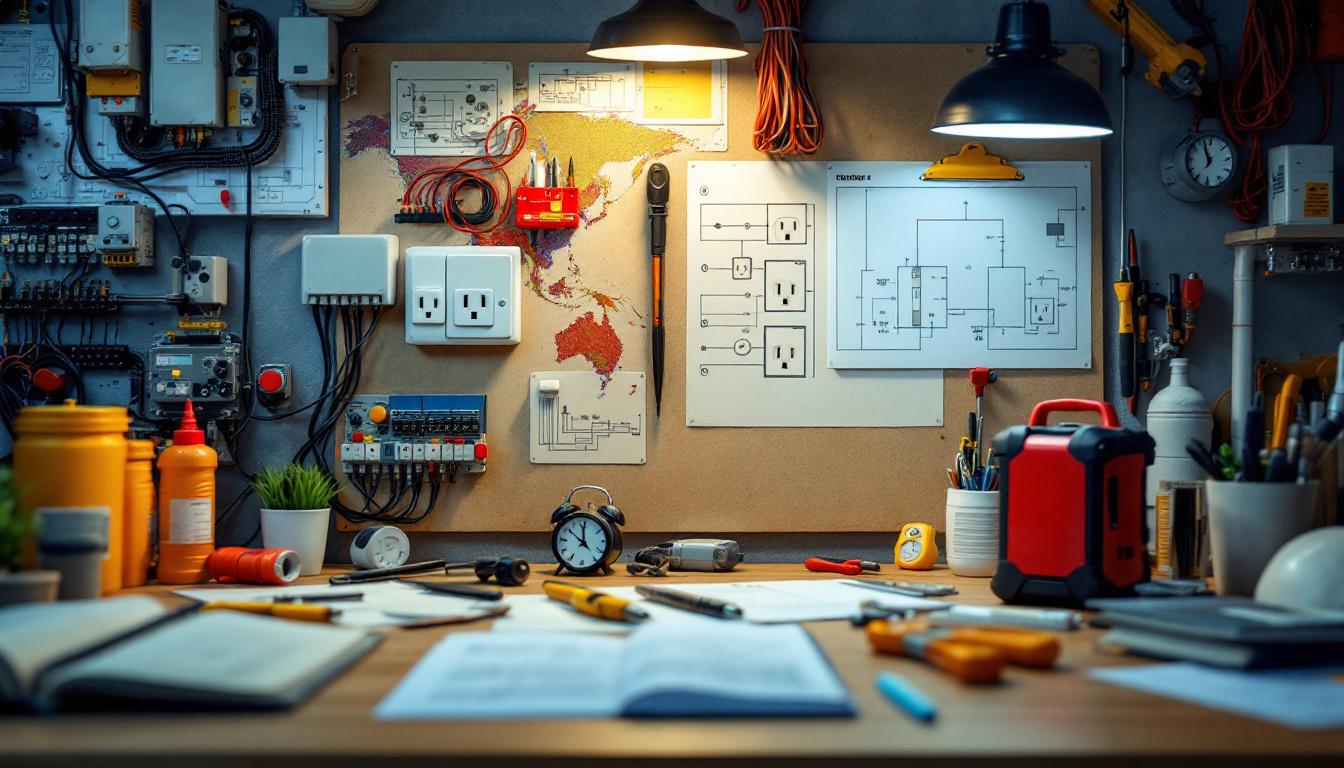 A photograph of a well-organized workspace featuring various light receptacle boxes