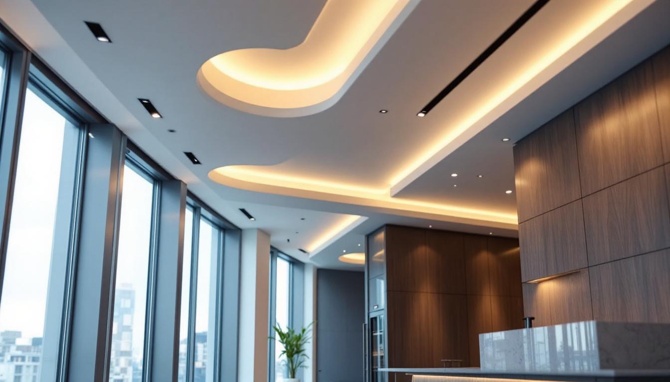 A photograph of a modern interior space featuring sleek recessed lighting installations